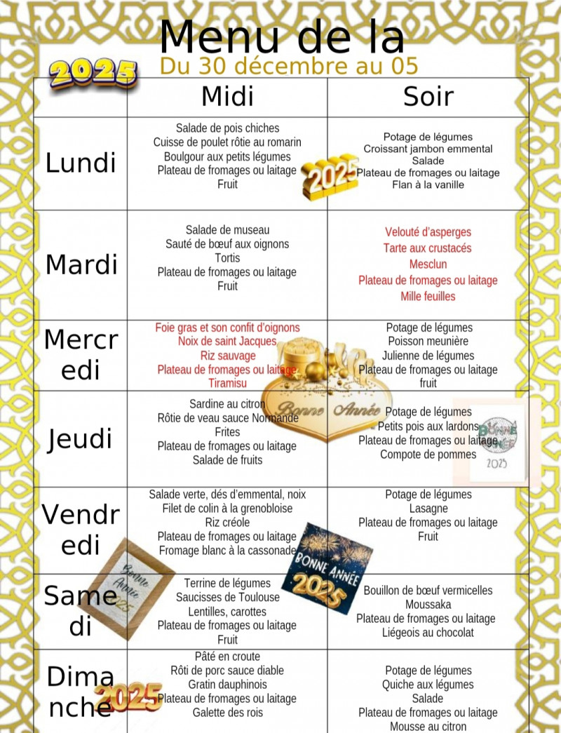 Nos Menus Restauration Semaines 52/2024 et 01/2025